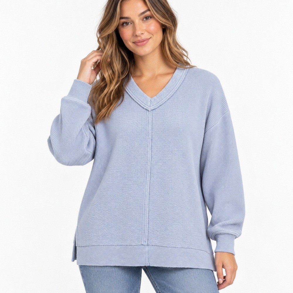 Aerie Ribbed V-Neck Sweatshirt Light Blue Oversized Waffle Knit Pullover XS